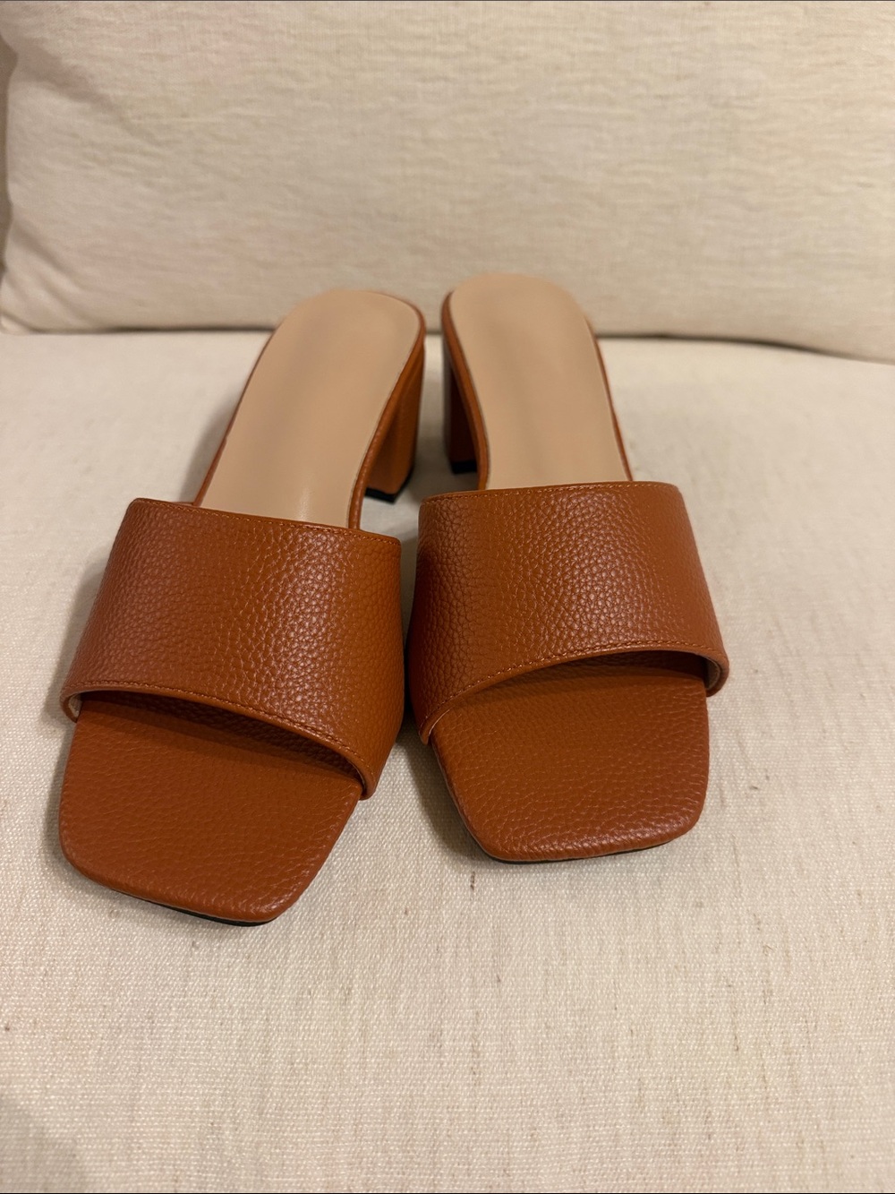 Women's Tan Brown Open-Toe Block Heel Mules